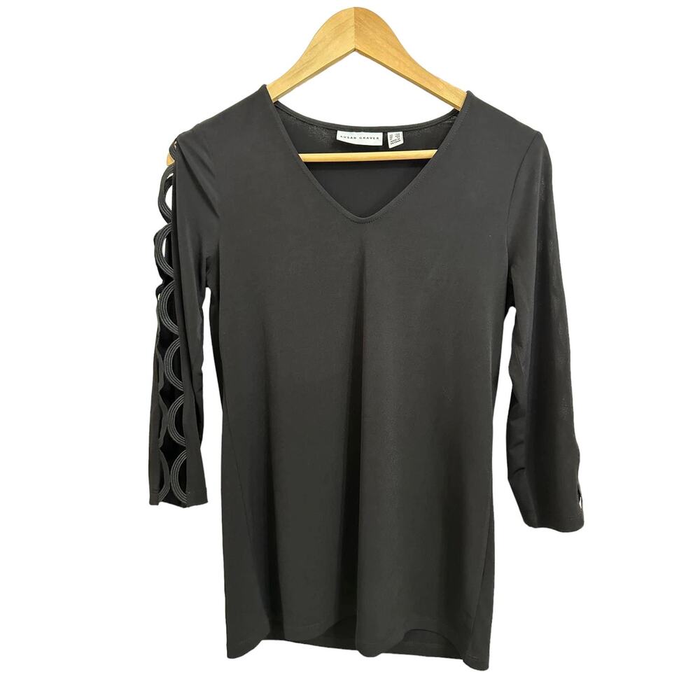 Susan Graver Women's Cut Out Half Sleeve Black Tunic‎ Top Sz XXS
